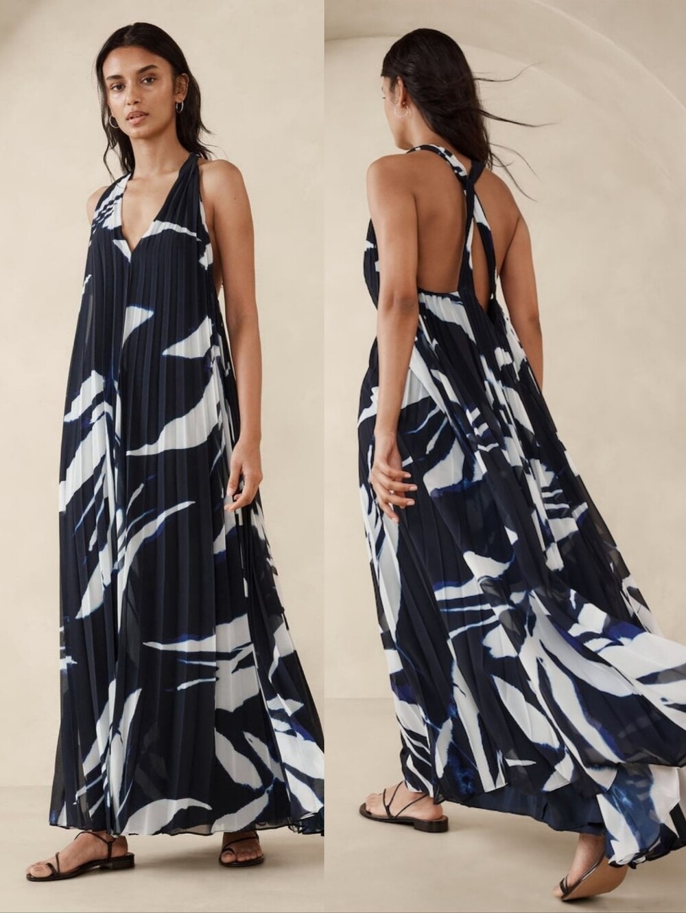 Banana Republic Odetta Pleated Maxi Dress Size XS Black Navy White Flowy